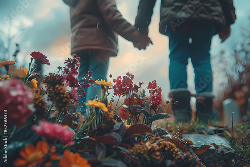 Close-up of colorful flowers with two people holding hands in the background on a rainy day. Cemetery scene with mourning and remembrance concept