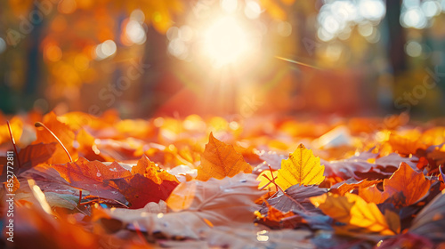 Close-up of colorful autumn leaves on a sunny day