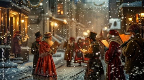 A group of Victorian carolers sing Christmas carols in a snowy town square. The scene is lit by street lamps and decorated with festive ornaments. Snowflakes fall softly as the carolers, dressed in th