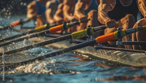 Synchronized rowers showcase flawless hand grip coordination in olympic rowing sport