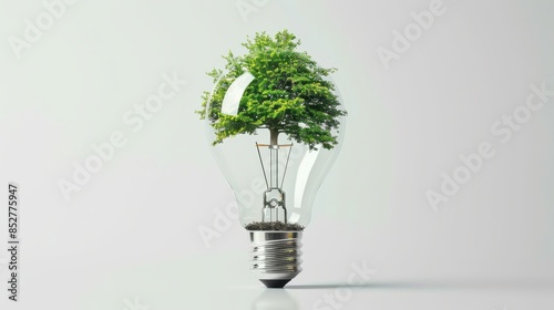 11. Creative design of a light bulb with a tree growing inside, representing eco-friendly energy solutions on a clean white background