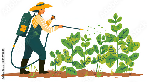 gardener or farmer spraying green plants in the garden with chemicals or ecological. spraying leaves against pests with herbicides or pesticides isolated on white background, simple style, png
