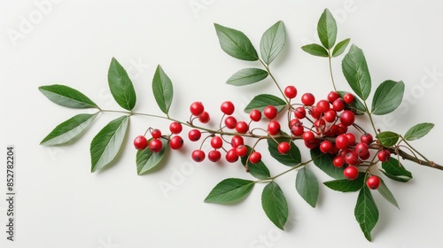 Chinese prickly ash berries and leaves displayed against a white backdrop