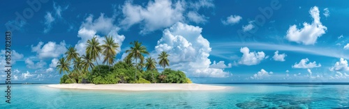 This image shows a lush, tropical island with palm trees, white sand, and clear blue water. The sky is a brilliant blue with fluffy white clouds, creating a serene and idyllic scene. The island is sur