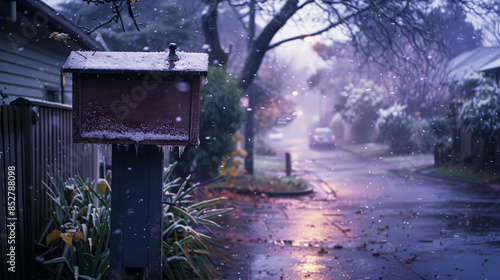 Snowfall on a quiet suburban street with a postbox and houses lined with bare trees and autumn leaves. Suitable for winter or seasonal change themes.