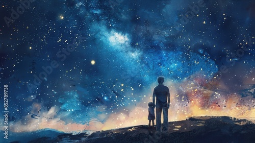 A digital painting depicting a father and daughter standing silhouetted against a night sky filled with stars. The Milky Way is visible in the background, along with a scattering of other stars. The s