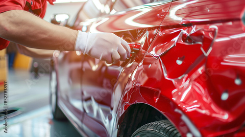 A specialist specializing in car body repair removes dents from car fenders with full commitment and precision, restoring them to their original aesthetics.