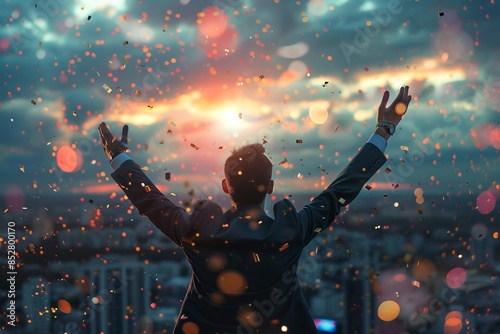 Businessman standing with arms raised celebrating success at sunset. Urban background with city skyline and colorful bokeh. Conceptual image for victory and achievement. Generative AI
