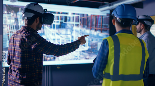 Engineers using virtual reality headsets review blueprints on a large screen, likely in a modern construction or architectural setting.