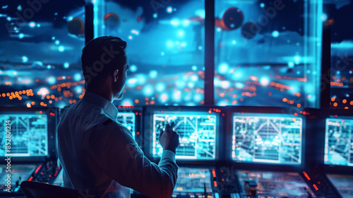 A person in uniform monitors multiple screens in an illuminated control room, likely overseeing a high-tech environment or operation at night.