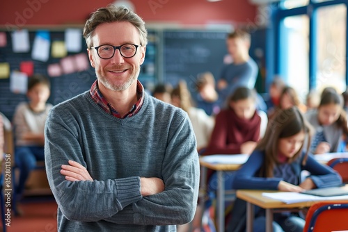 Smiling male teacher in modern classroom stands confidently with arms crossed. Students are engaged in learning at their desks. Bright and modern classroom setting. Generative AI