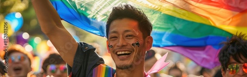 A man is holding a rainbow flag and smiling. Concept of joy and celebration, as the man is participating in a pride parade or a rainbow-themed event. The vibrant colors of the flag
