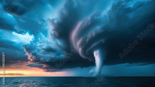 Powerful waterspout over the ocean at sunset with dramatic clouds in the sky.