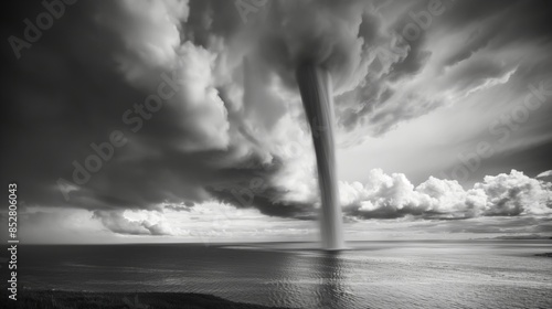 Dramatic black and white image of a powerful waterspout over the ocean with massive clouds capturing the intensity of nature.