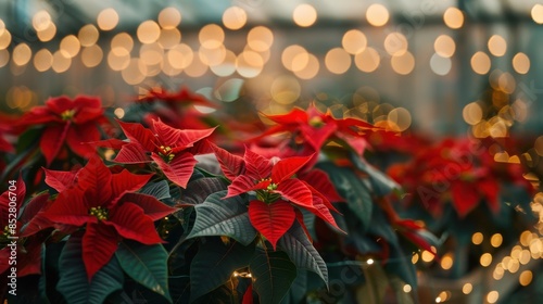 This image features a close up of red poinsettia flowers, with blurry Christmas lights in the background. The bright red flowers are in focus, while the lights create a festive and warm atmosphere. Th