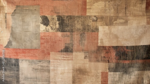 Abstract textured painting featuring overlapping rectangular shapes in earthy tones of beige, red, and gray with visible brush strokes and weathered effects.