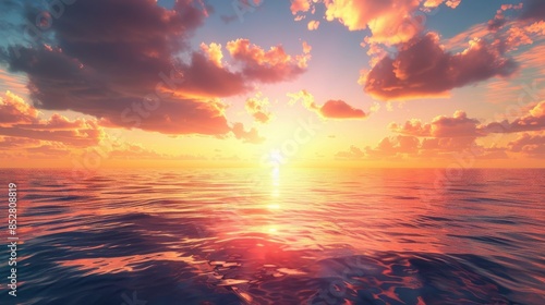A breathtaking photograph captures a vibrant sunset over a calm ocean. The sky is ablaze with warm hues of orange, pink, and yellow, while the sun dips below the horizon. The water reflects the radian