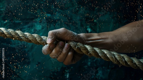 A strong hand firmly gripping a rope, with dust particles floating around, highlighting the intensity and effort in the action.