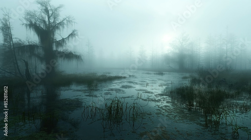 Mystical foggy swamp landscape with eerie trees and thick mist covering wetland plants and still water under dim light.