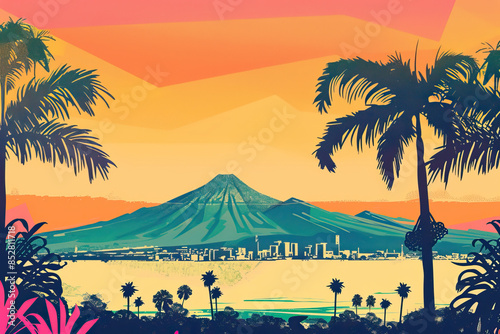 Risograph print travel poster illustration of Managua, Nicaragua, modern, isolated, clear, simple. Artistic, stylistic, screen printing, stencil, stencilled, graphic design. Banner, wallpaper