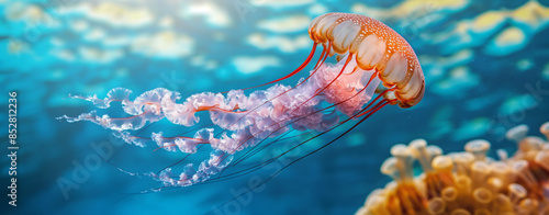 A a lot of jellyfish underwater, real photo, underwater photography, cinematic shot, beautiful light, hyper realistic