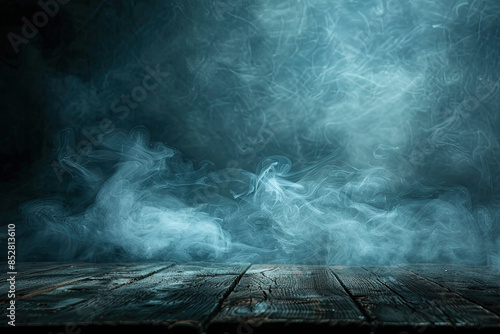 Blue smoke or fog fills a room with a wooden floor.