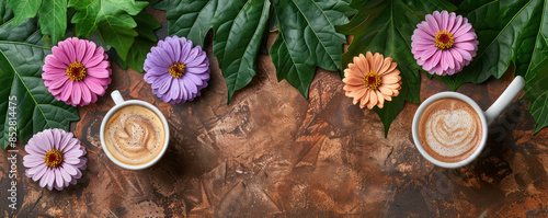 Beautiful Morning Coffee with Colorful Flowers on Rustic Wooden Table Perfect Start to Your Day Featuring Vibrant Blossoms and Steaming Cups of Your Favorite Brew Nature Meets Comfort