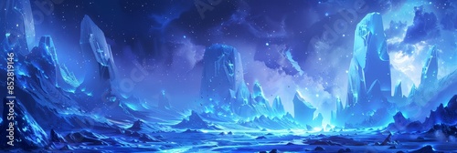 A futuristic cloud server farm built into towering ice formations with glowing blue lights,a digital painting that imagines a stunning and awe-inspiring technological landscape of the future.