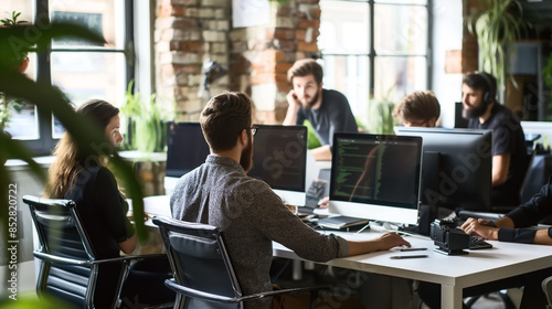 Young people working on computers in a modern open office space with exposed brick walls and plants, collaborating on a project.