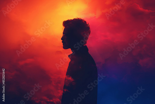 Silhouette of person against red, orange and blue clouds of fog, identity, self-awareness concept