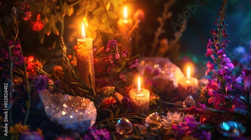 Immerse yourself in the mystical allure of a scene set against a dark forest backdrop where flickering candles illuminate a tableau of mineral gemstones and vibrant flowers Here the air is 