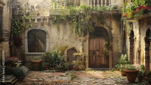 Charming European courtyards with ancient doors stone walls delicate balconies and flower filled broken pots