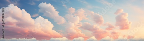 Soft, pink and blue clouds drift across a sunny sky.