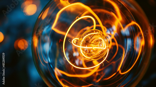 Close-up of a glowing filament in a light bulb against a blurred blue background.