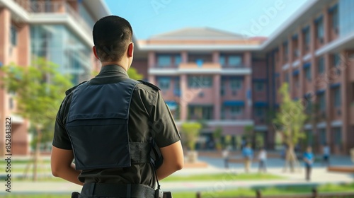 Security Guard Standing Watchful In Front Of School Campus