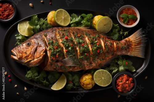 fish with vegetables and herbs cooked on fire, barbecue, served on a plate with greens, delicious food