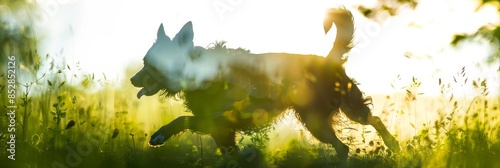 dog running and playing joyfully in a sunlit summer meadow,with a striking double exposure silhouette effect and vivid,backlit shades of green and gold.