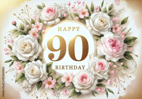 Elegant floral 90th birthday card with gold 'Happy 90 Birthday' message, white and pink roses