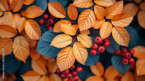 Close-up of autumn leaves in shades of orange and yellow with red berries among them.