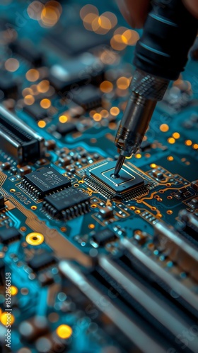 Close-up image of a circuit board being worked on with a soldering iron, highlighting intricate technology and electronic components.