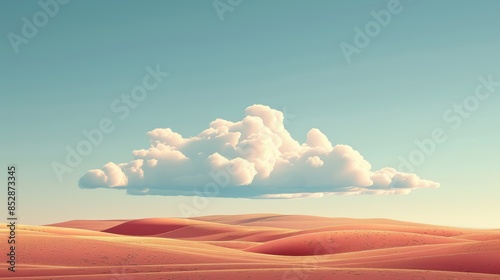 A single fluffy cloud floats above rolling sand dunes in a desert landscape. The sky is a clear blue.