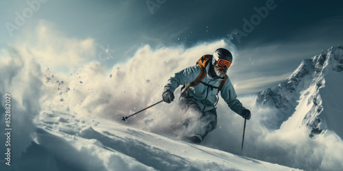 A skier conquers the breathtaking snowy mountain slopes of peaks. Heli sking