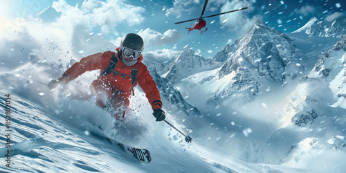 A skier conquers the breathtaking snowy mountain slopes of peaks. Heli sking