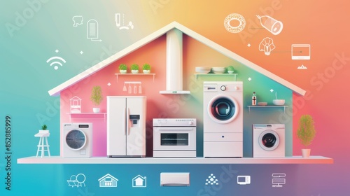 Energysaving infographic comparing different appliances, home efficiency theme, front view, explaining energy consumption, digital tone, colored pastel