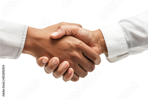 Two individuals shaking hands, visible against a white background, portraying a concept of agreement or partnership. Generative AI