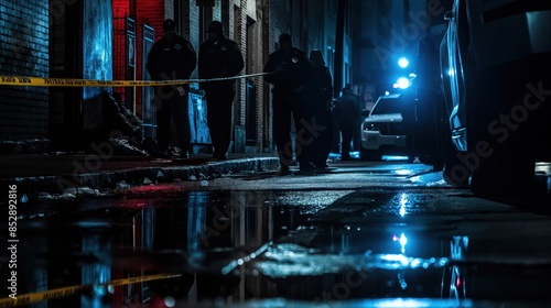 Nighttime crime scene in a dark alley, illuminated by streetlights. Yellow police tape cordoned off the area, and trash litters the ground