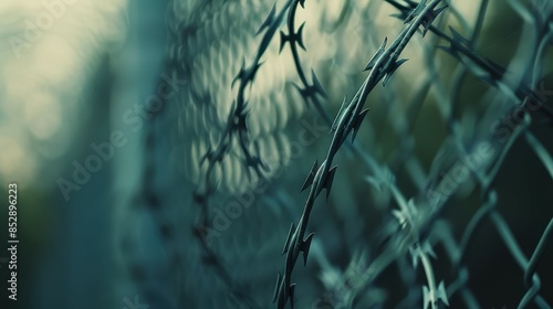 A close-up shot of barbed wire on a fence, representing security, confinement, and protection measures.