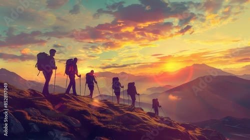 group of hikers trekking on mountain trail at sunset active summer adventure travel digital illustration