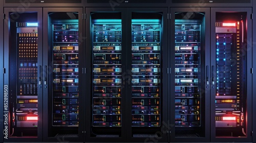 Server racks with integrated power management systems, nextgen data center theme, front view, demonstrating innovative energy distribution, futuristic tone, triadic color scheme