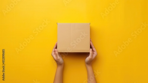 hands holding empty cardboard box on vibrant yellow background minimalist product photography